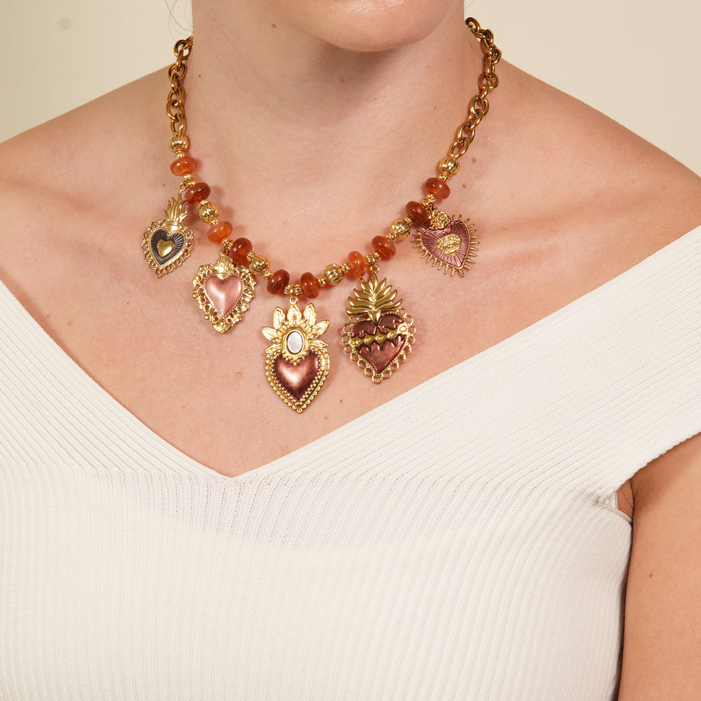 Hema Maroon Charms heart Necklace-Trendy 18K Gold Plated Cute Beachy Pendant Gift For Women UAE