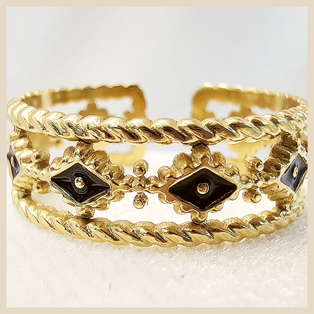 Adjustable Anka evil eye ring with blue and white zircon detail, a gift-worthy open band design that feels stylish, protective, and beautifully feminine.