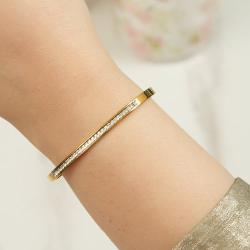 Adjustable CZ crystal bangle by Alma, designed for women who want a comfortable fit with premium shine and elegant wrist appeal.