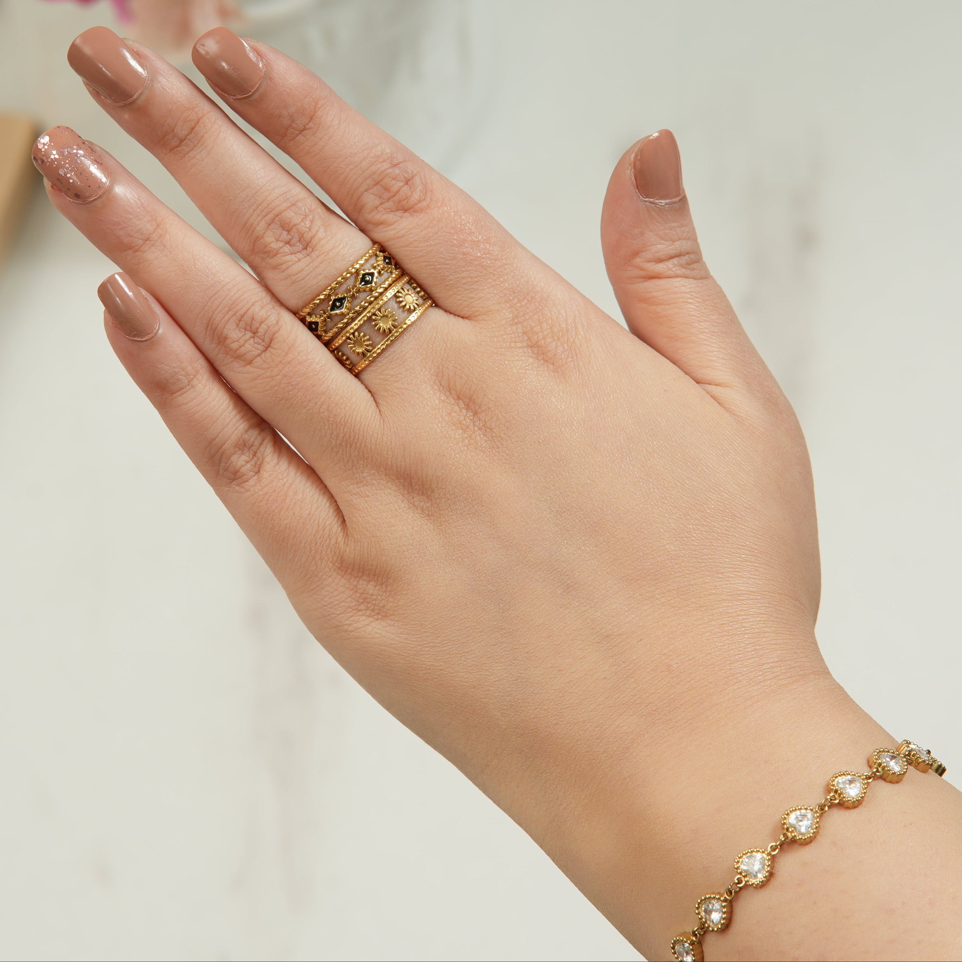 Anka evil eye ring with an adjustable Hamsa open band and blue white zircon accents, designed for women who love meaningful protection jewellery with elegant UAE-ready style.