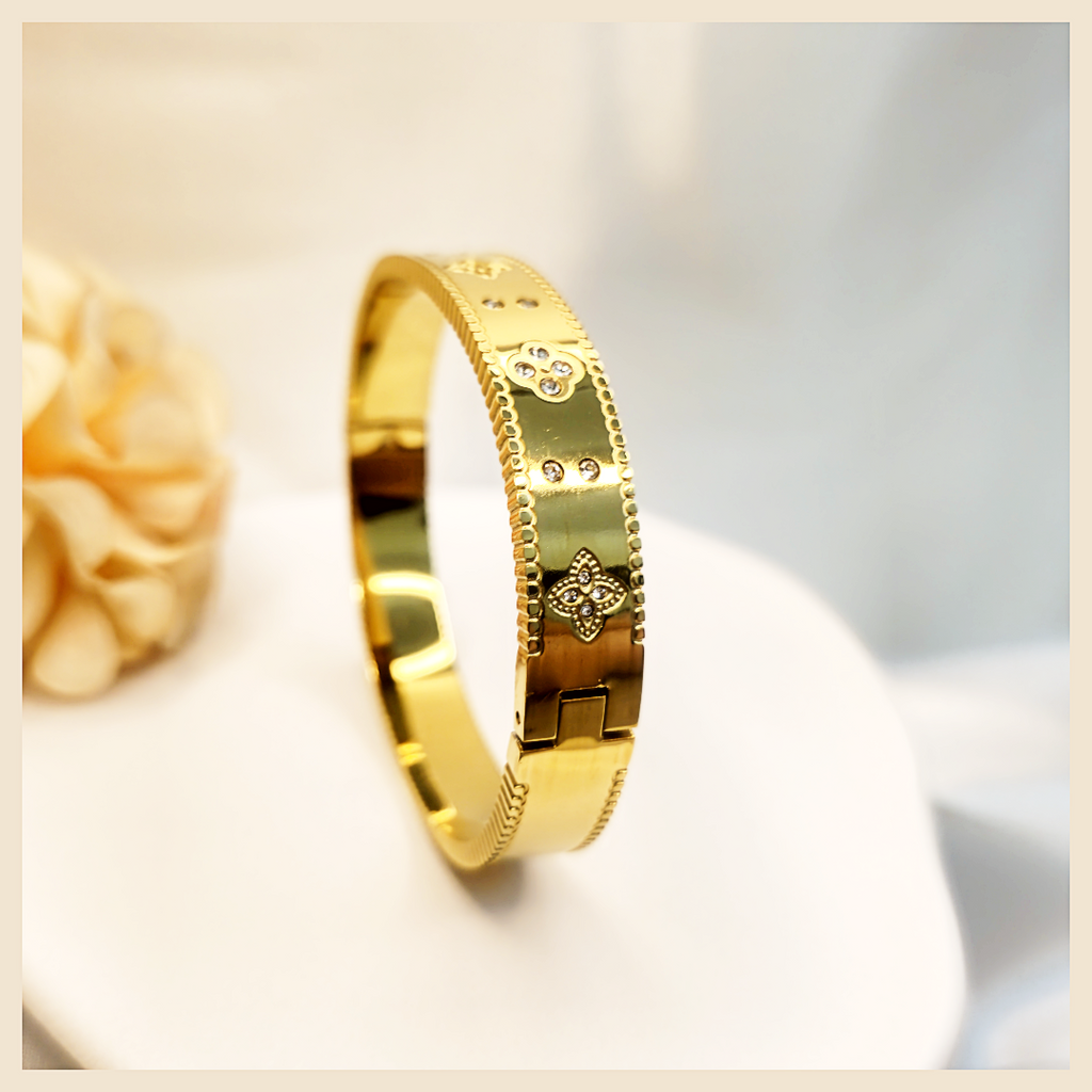 Babs zircon nail bangle in 18K gold-plated stainless steel, a sleek cuff bracelet for women that delivers high-shine luxury with modern edge.