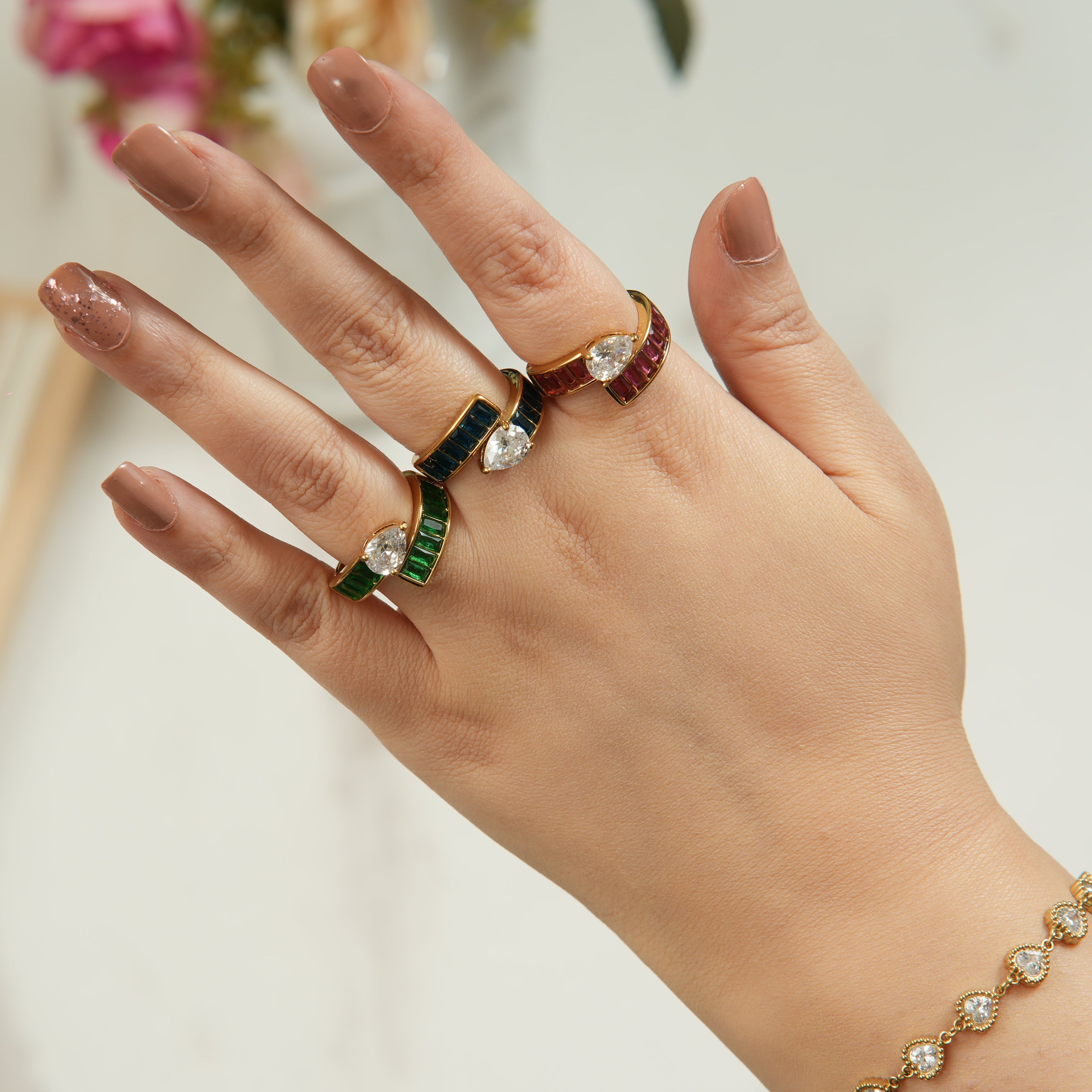 Edie sleek zircon square wide ring for women, a luxury-inspired band designed to add refined sparkle and confident elegance to daily wear in the UAE.