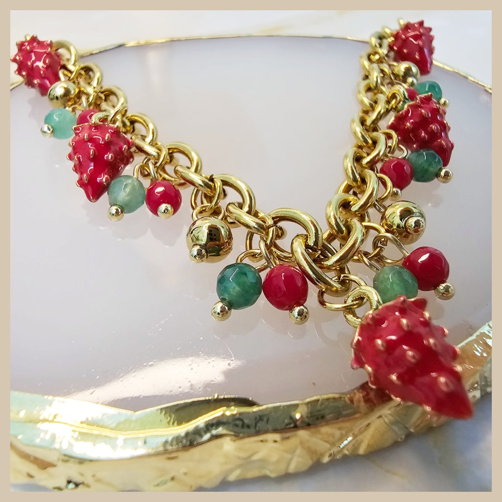 Romantic strawberry heart and cherry necklace ideal as a thoughtful anniversary or birthday gift for women who appreciate delicate luxury.