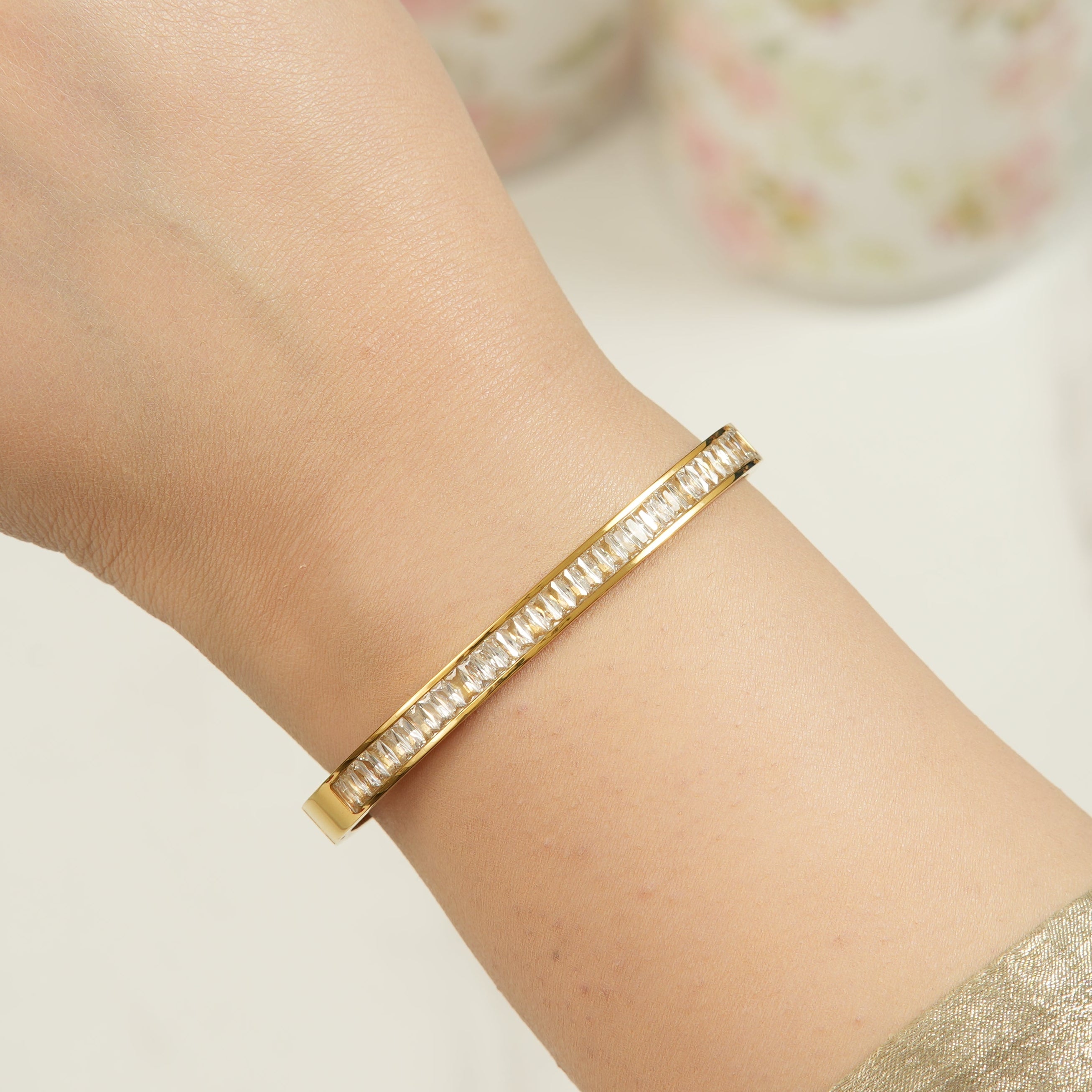 Gabi stackable gold bangle bracelet set with minimalist textured boho style, a non-tarnish look for women who want everyday elegance with trusted shine.