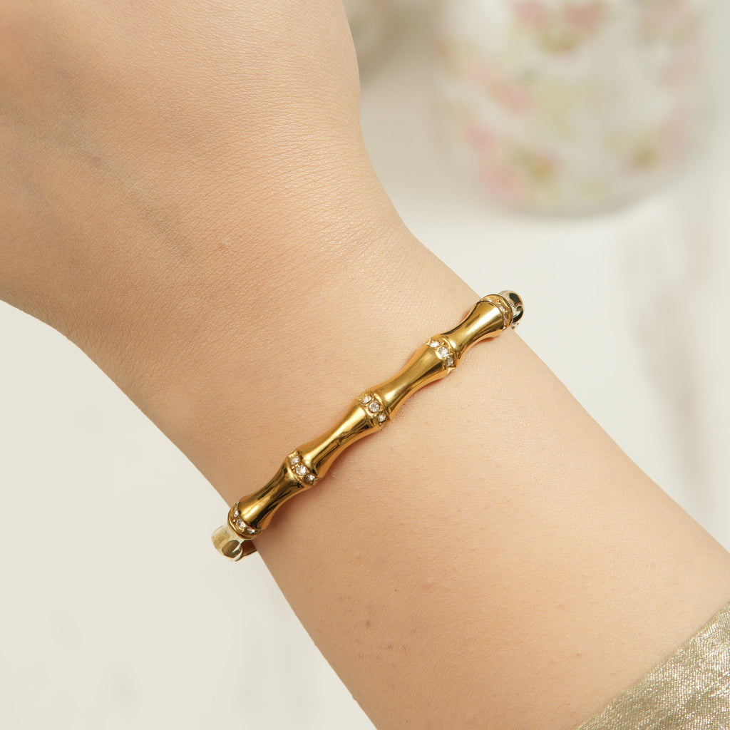 Nori handmade white cubic zirconia bangles in yellow gold-plated style, a refined choice for women who love timeless brilliance and graceful wrist charm.