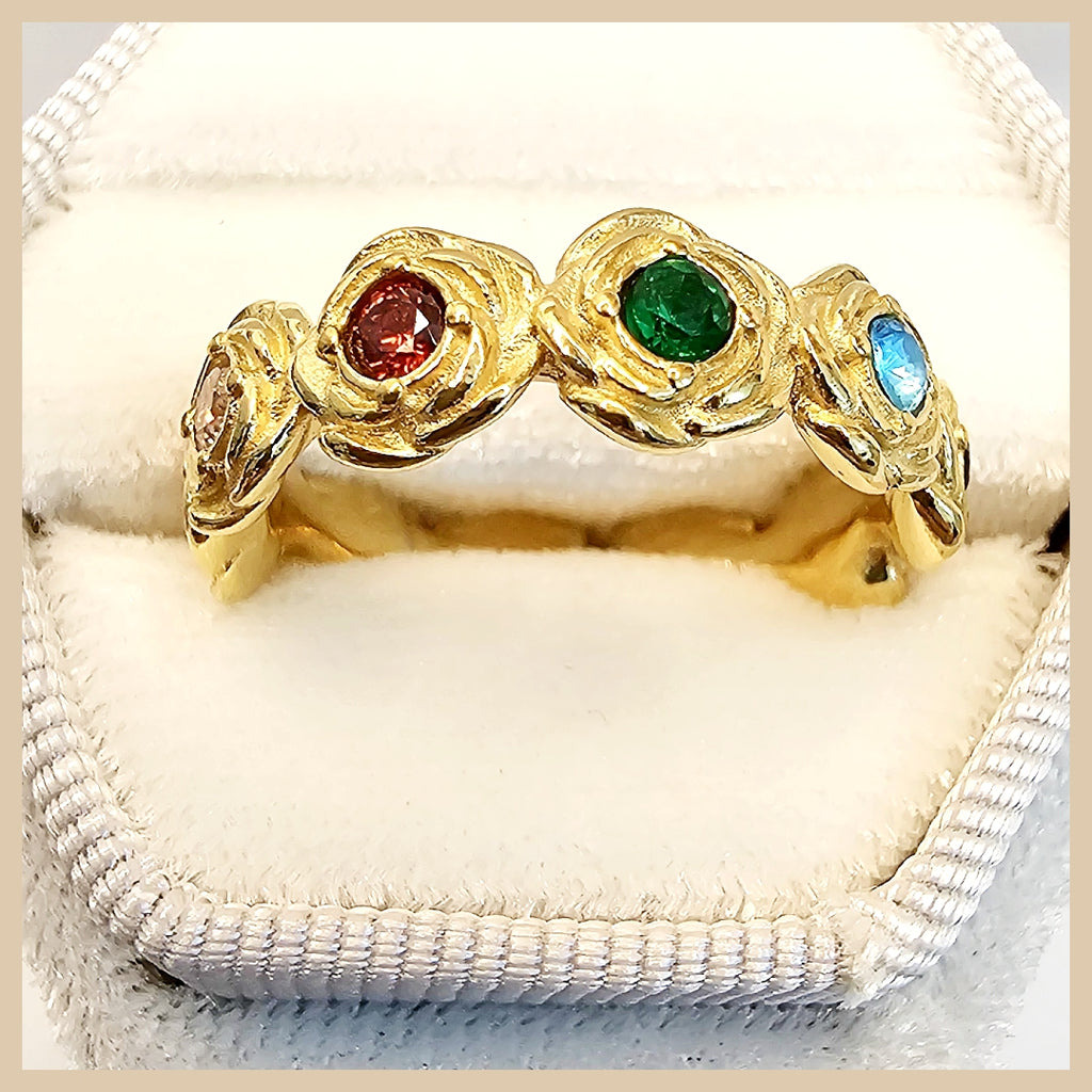 Personalized Ilse rainbow ring in 18K rose gold-plated style, crafted for women who want hypoallergenic comfort with a dreamy, polished finish.