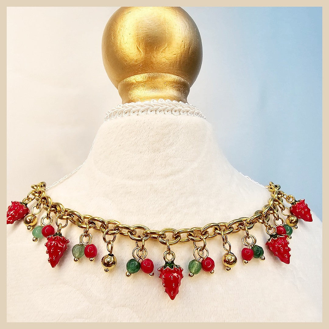 Premium gold plated summer necklace with strawberry charm, perfect for adding a fresh feminine glow to a modern UAE wardrobe.