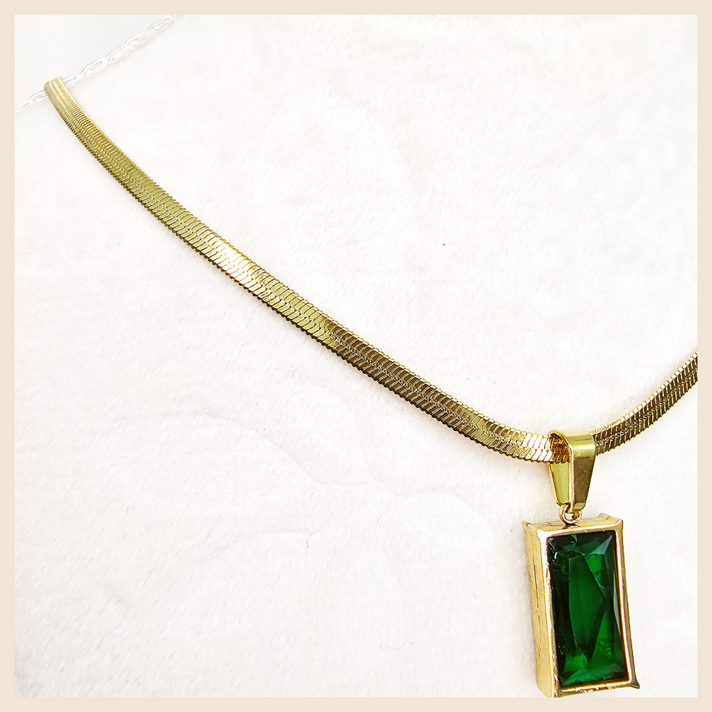 Premium Amor rectangular green stone necklace with cubic zirconia shine, crafted for women who want a standout piece that still feels effortlessly wearable.